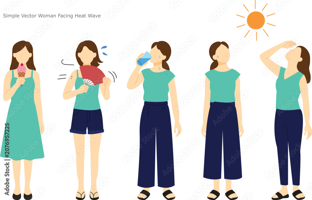 Obraz premium Collection of vector illustrations depicting a woman coping with summer heat, showcasing various ways to cool down and find relief from hot weather and high temperatures