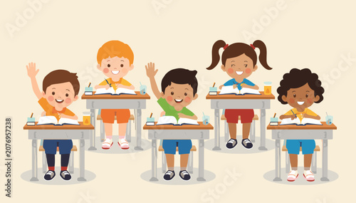 Fotografía Happy diverse elementary school children raising hands in a classroom during a lesson