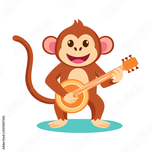 Cartoon Monkey Playing Banjo Vector Illustration