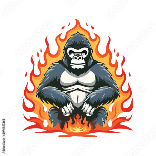 Cartoon Gorilla Surrounded by Flames Vector Illustration