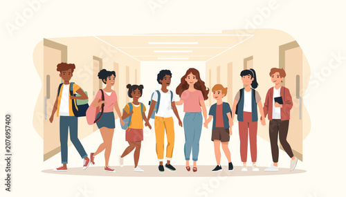 Diverse group of happy students, including children and teenagers, walking together in a school hallway, some holding hands.