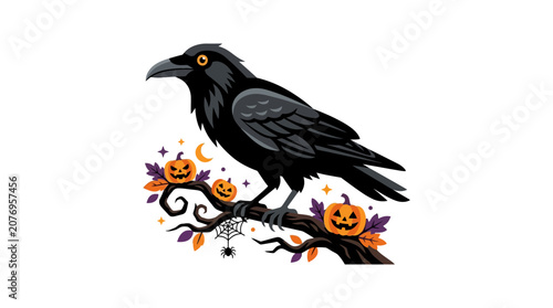 Schilderij op canvas Dark and creepy halloween composition with a black raven, spider web, pumpkins, autumn leaves, and a sinister atmosphere
