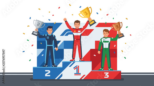 Bild auf Leinwand Three victorious race car drivers on podium celebrating awards with confetti, ideal for sports achievement or competition concept designs