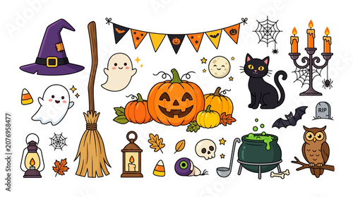 Foto Halloweenthemed collection of spooky and magical elements for seasonal designs, invitations, stationery, party decor, and social media graphics