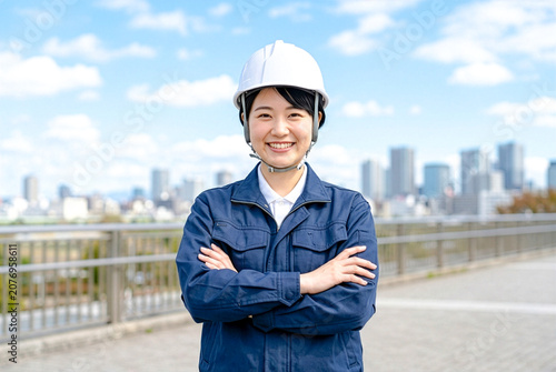 作業服とヘルメットを着用した笑顔で腕組みをする建設業で働く日本人女性現場監督、建設現場・土木業界の人物イメージ