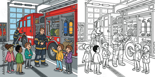 fire station firefighter school student boy girl excursion educational study tour adventure cartoon clipart and lineart print vector illustration for color coloring book