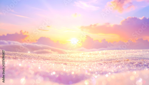 A dreamy winter landscape shows glittering snow under a pastel sunrise, soft clouds, and warm colors. It looks like fairyland