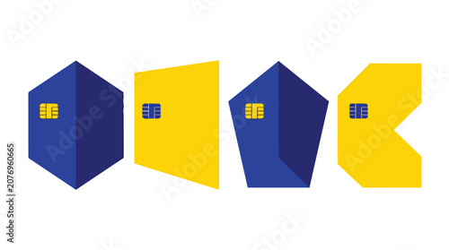 Banking credit card icons in unique geometric shapes with minimalist flat vector for fintech marketing
