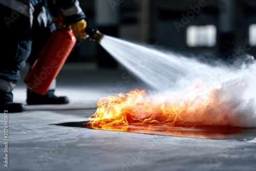 Person using a red fire extinguisher to suppress a small fire on the ground in an indoor setting, emergency and safety concept.