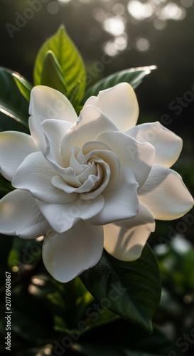 Elegant White Gardenia Blossom Unveiling its Delicate Petals.
