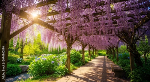 Enchanting Wisteria Tunnel - A Sun-Drenched Pathway to Serenity and Beauty.