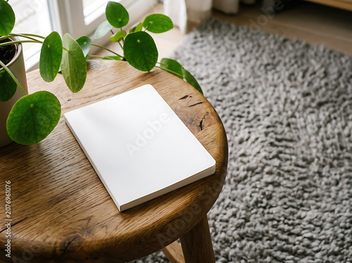 A white notebook on a wooden table next to a plant on a gray rug in a cozy room with natural light