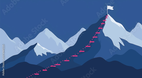 Minimalist vector illustration of a mountain peak with a winding pink path leading to a white flag at the summit against a dark blue sky representing success and achievement.