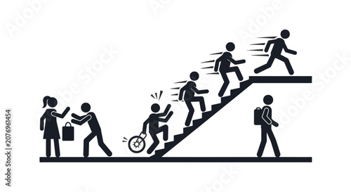 Stick Figure Vector Illustration Showing People Climbing Stairs, Running, Carrying Heavy Bags, and Interacting in a Minimalist Infographic Style Representing Growth and Career Progress.