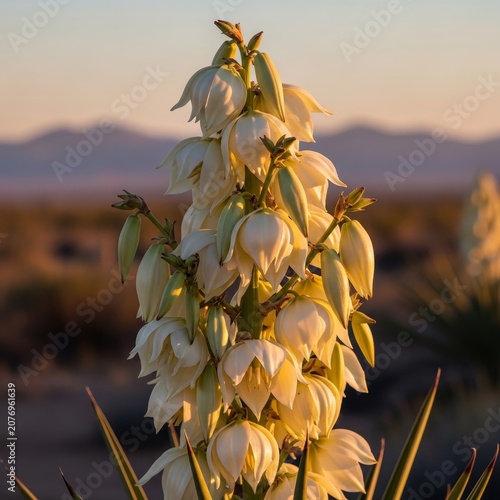 Yucca flower in full bloom against a desert sunset, a symbol of resilience and beauty.