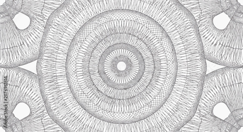Intricate pale silver and light blue guilloche pattern with circular geometric line art and symmetrical rosette designs on white background for security document backgrounds.