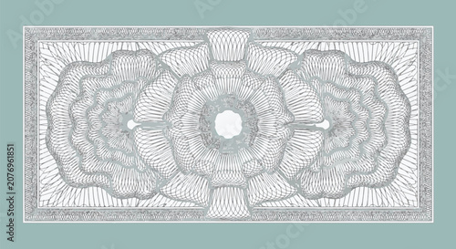 Intricate pale silver and cyan guilloche pattern featuring complex geometric line art, central rosette motifs, and ornamental rectangular border for certificates or currency.