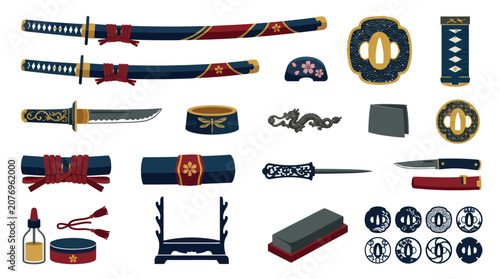 Japanese Samurai Sword Accessories Set - Flat Vector Illustration