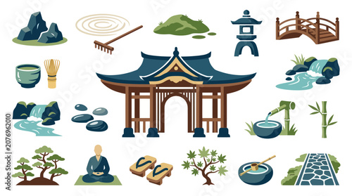 Japanese Garden Elements: Zen Temple, Bridge, Waterfall, Bonsai, Meditation, Rake, Tea Set