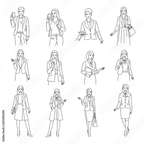 Set of diverse retail and fashion professional people in business attire line art illustrations. Features men and women in suits, blazers, and skirts for corporate or service roles.