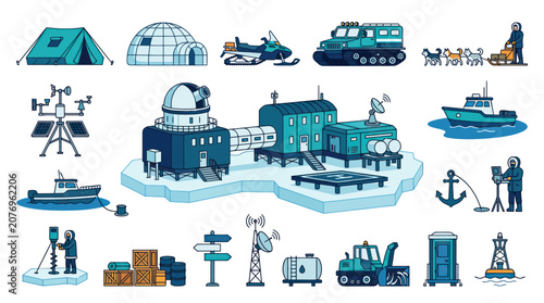 Arctic Research Station Equipment and Vehicles, Flat Illustration