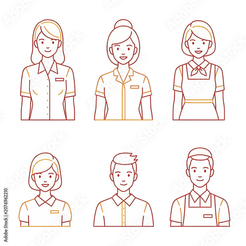 Vector line art icons of diverse retail and service industry workers including cashiers and waitstaff wearing professional uniforms and name tags in thin red outlines.