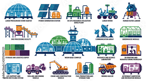 Futuristic Moon Base  Space Exploration Icons: Domes, Rovers, Rockets, Technology