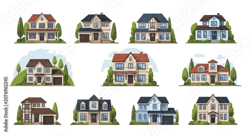 Set of ten residential house illustrations featuring diverse architectural styles including suburban two-story homes, cottages, and family villas with landscaping on a white background.