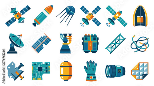 Flat Vector Icons of Space Technology: Satellites, Rockets, and Equipment