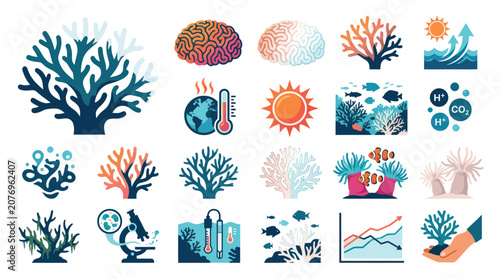 Coral Reef Conservation Icons: Ocean Life, Climate Change, Science, and Growth