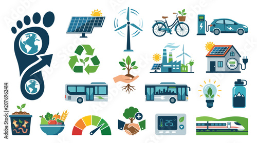 Eco-Friendly Flat Vector Icons Set for Environmental Sustainability and Green Energy Solutions