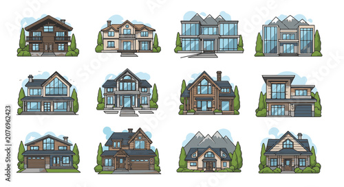 Collection of twelve distinct residential building illustrations featuring modern glass villas, alpine chalets, suburban homes, and luxury estates with landscaped gardens and sky elements.
