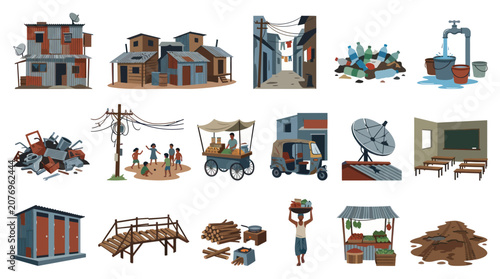 Flat Vector Illustration Set of Developing World Slums Life, Poverty, and Basic Infrastructure Scenes