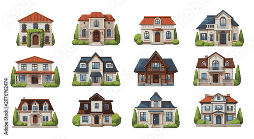Set of twelve diverse residential architectural icons including modern suburban houses, Mediterranean villas, European cottages, and mountain chalets isolated on a white background.