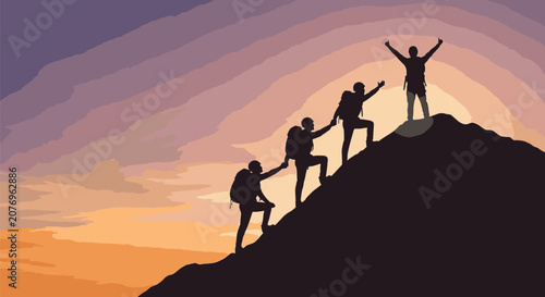 Silhouette of four explorers climbing a mountain peak at sunset, hikers helping each other to reach the summit, teamwork and leadership concept illustration with vibrant sky.