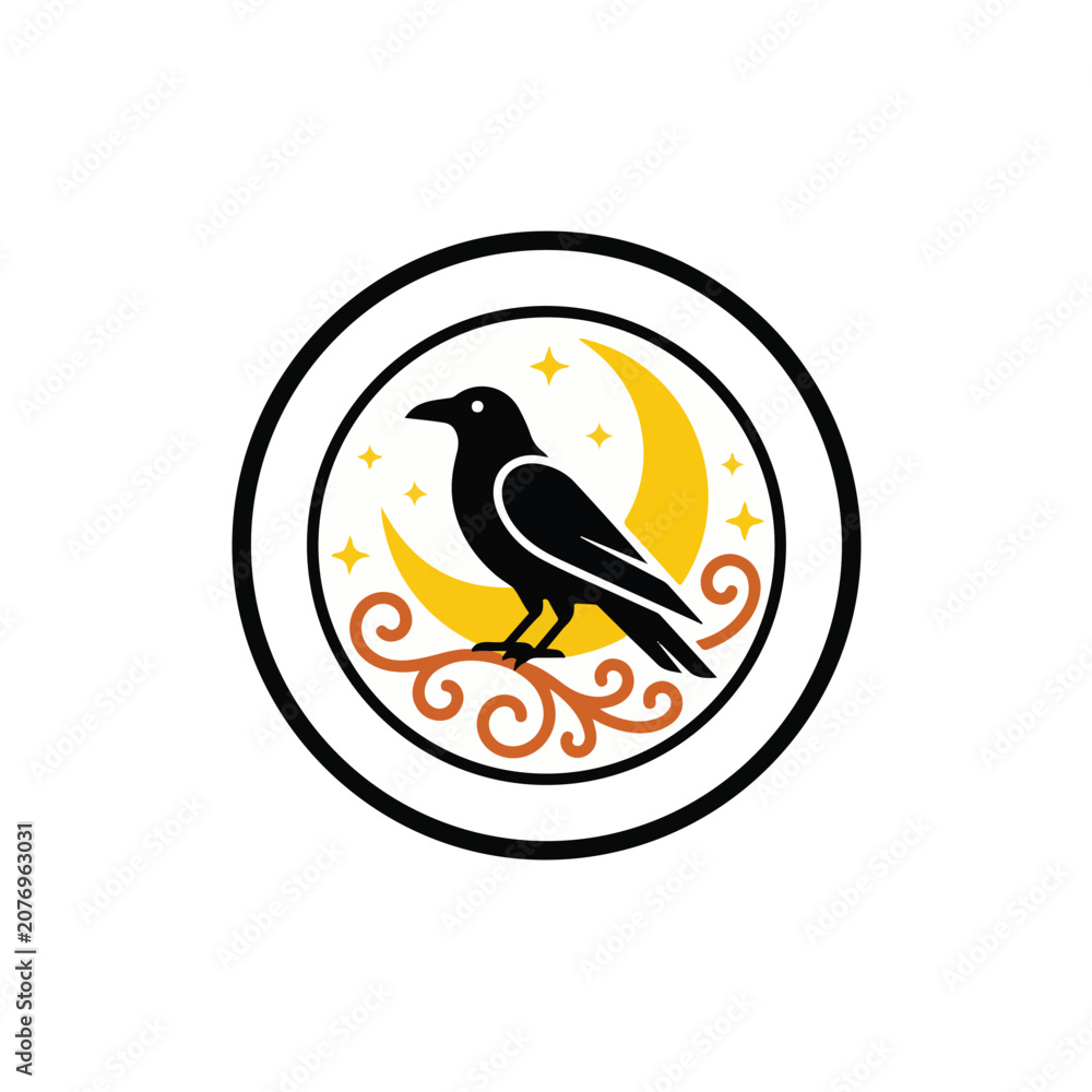 Fototapeta premium Crow on branch against crescent moon and stars with mystical swirls in circular emblem