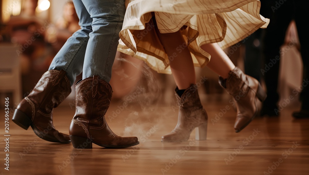 Obraz premium Couple wearing leather cowboy boots dancing on a wooden floor