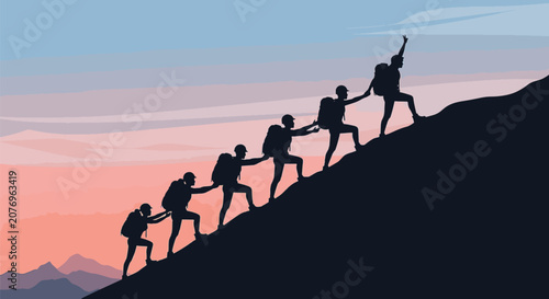 Silhouette vector illustration of a group of six hikers with backpacks ascending a steep mountain slope during a pink sunset, showing mutual support, leadership, and teamwork.