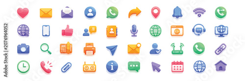 40 Colorful 3D Communication Icons Set for Social Media, Mobile Apps, UI, Web Design, Messaging and Digital Interfaces