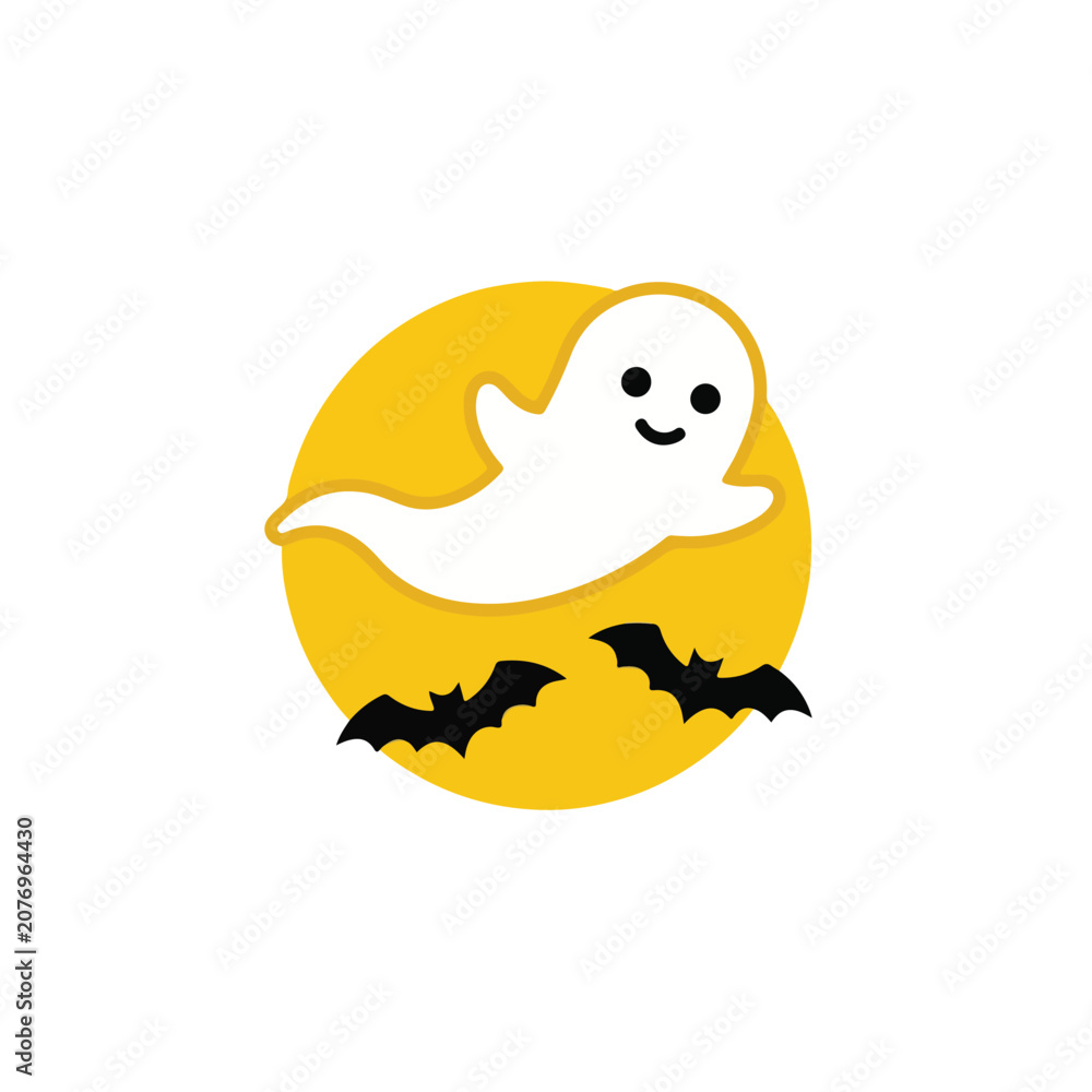 Fototapeta premium Cute cartoon ghost floating with bats against a bright yellow moon during Halloween night