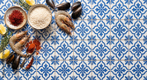 Saffron and seafood ingredients on patterned tile