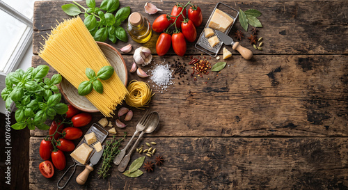 Flat lay of pasta ingredients on rustic wood with 