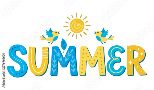 Cute Summer Text Design with Sun and Singing Birds