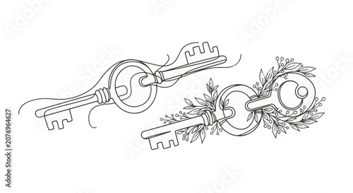 Two interlocking skeleton keys in two styles: minimalist continuous line art and decorative botanical floral line art with leaves and berries, black ink on white background.