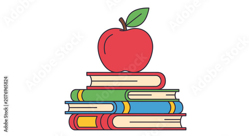Red apple on top of a stack of books for education