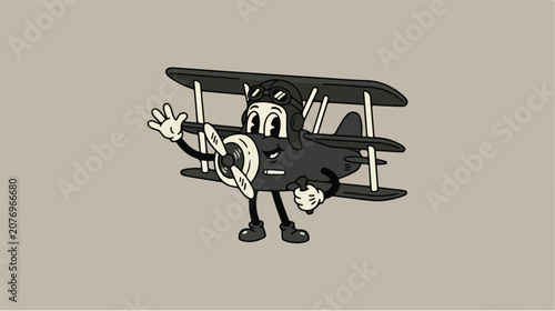 Vintage Cartoon Biplane Character Flying.