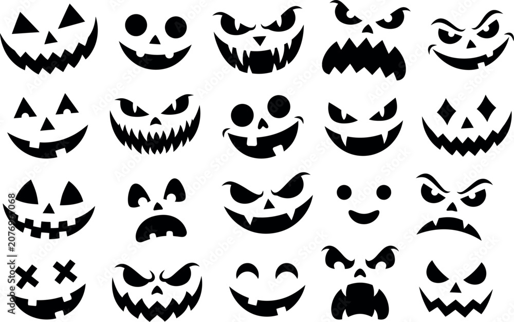 Fototapeta premium Halloween jack o' lantern faces collection spooky pumpkin carving expressions for autumn decor