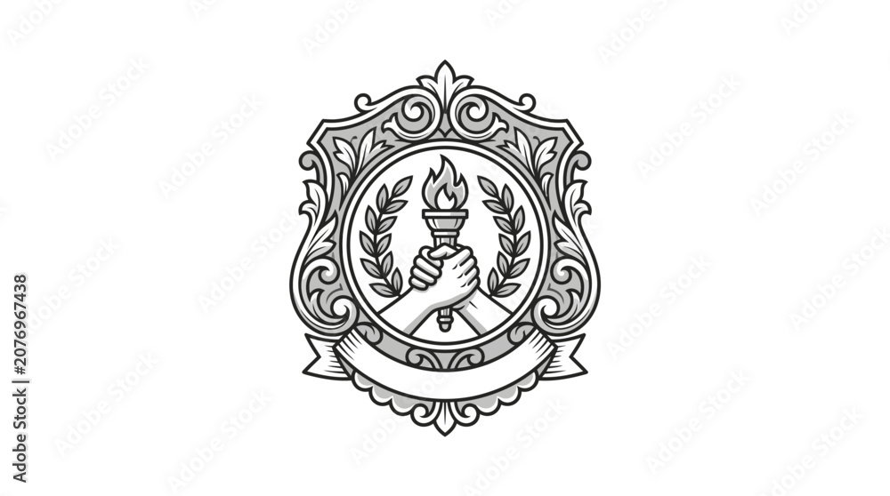 Obraz premium Corporate Monochrome Emblem Featuring Torch Laurel Wreath and Ornate Frame for Professional Branding and Logos