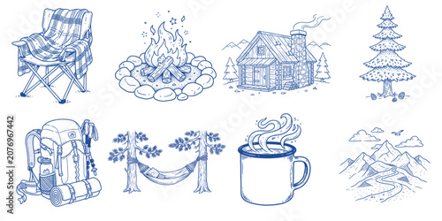 Mountain Camping Graphic Elements Collection with Cabin Campfire Hammock Backpack and Nature Doodle Illustration