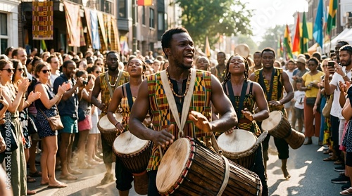 Diverse group celebrating with drums in outdoor street festival parade